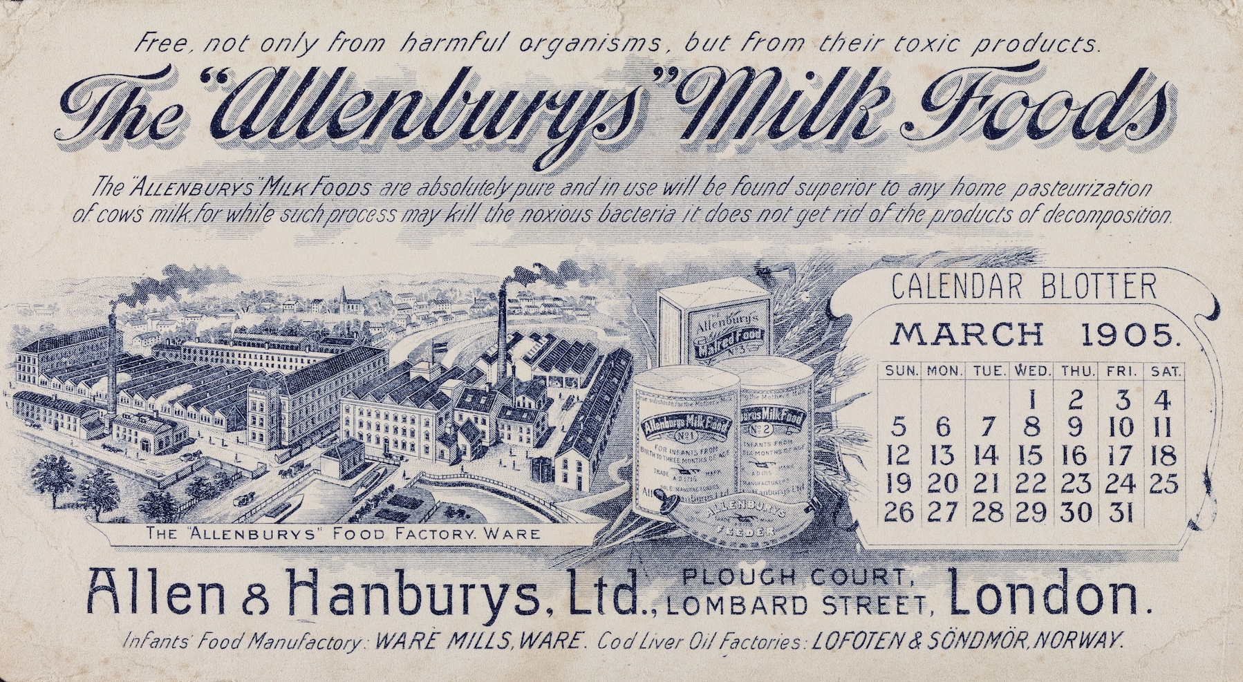 Promotional Calendar of the Allen & Hanburys Milk Food with address at Lombard Str, the year 1905. Credit: Wellcome Collection, London