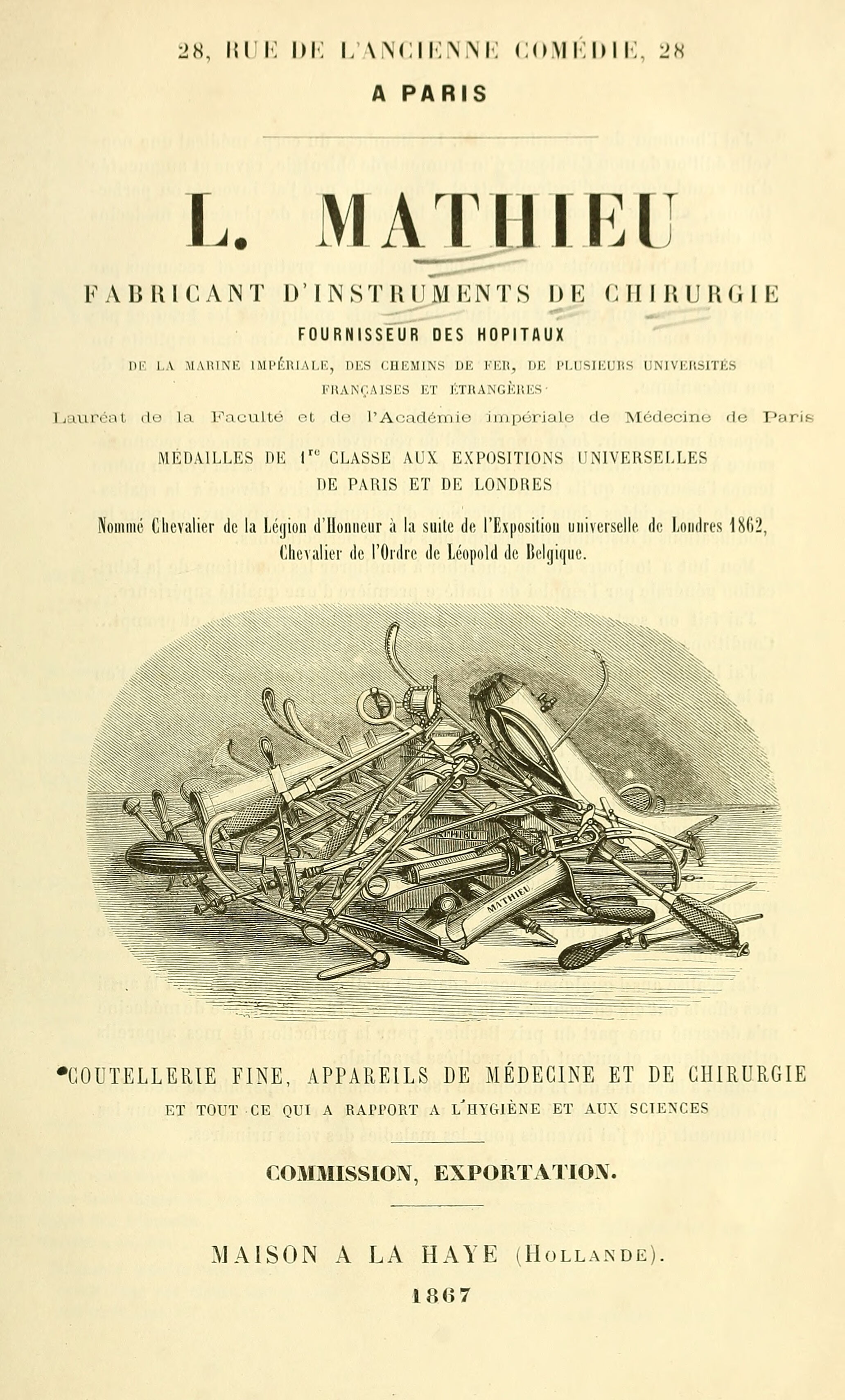 Title of the catalogue of the company Mathieu in Paris (1867). Source: Wellcome Library, London