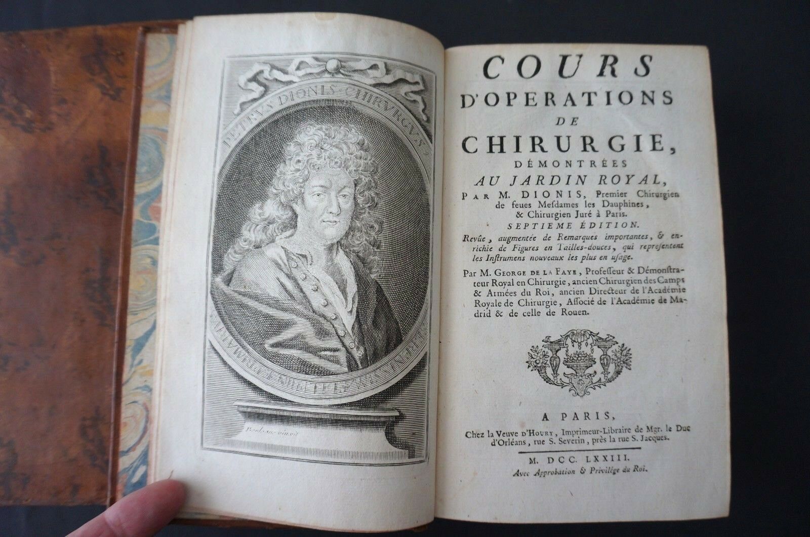 Title pages of the book "Cours d'opérations de chirurgie démontrées au Jardin Royal par M Dionis", Paris 1773