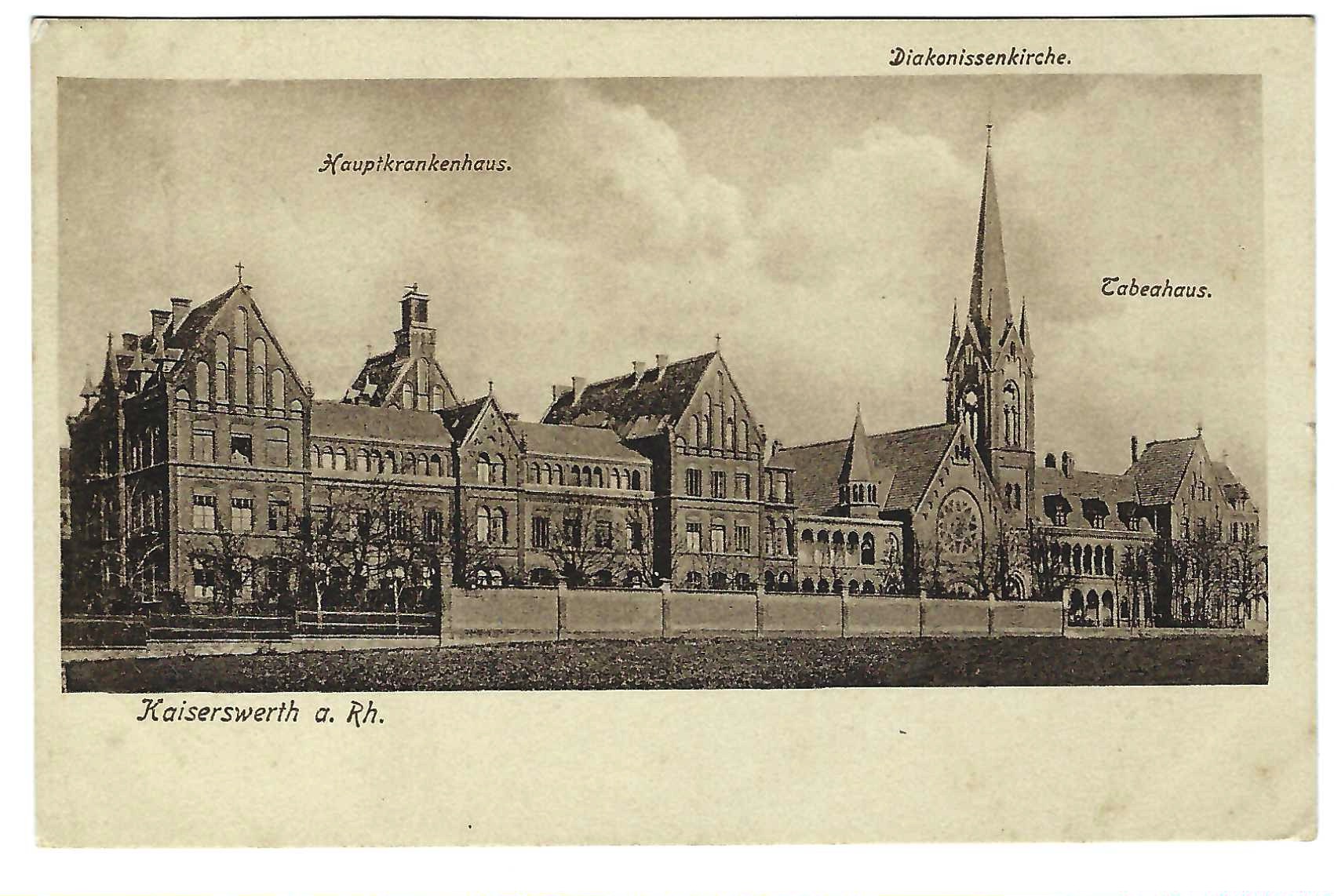 Kaiserswerth a. Rh. Hauptkrankenhaus, Diakonissenkirche, Tabeahaus, postcard cancelled 1916