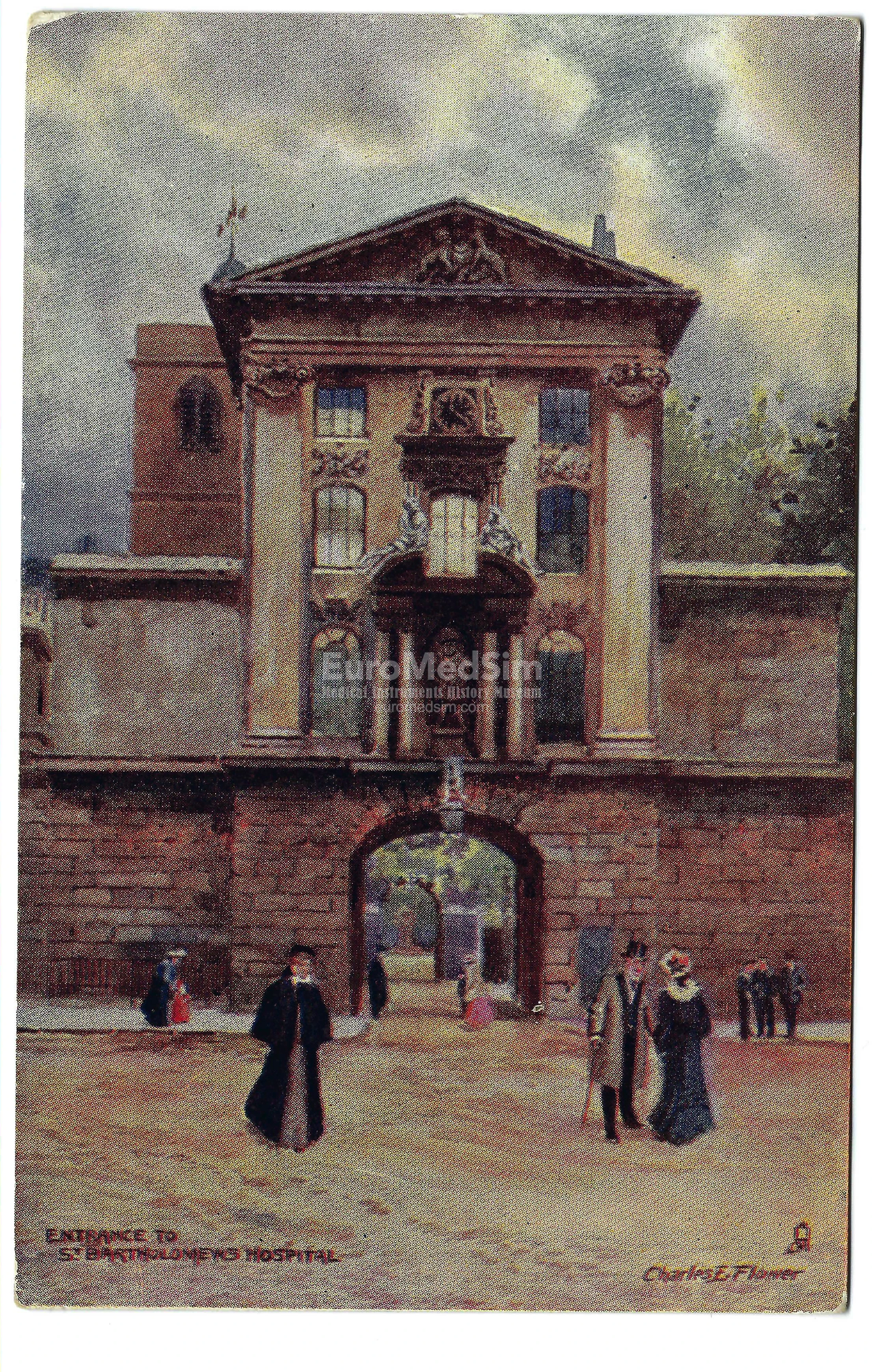 Postcard, depicting the Henry VIII Gatehouse of St Bartholomew's Hospital, was published by Raphael Tuck & Sons as part of their "Aquarette" series (No. 0257) and features artwork by Charles E. Flower. Posted on 9 December 1905. Source: EuroMedSim Museum