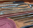 3 Liston knives, one catling, 2 curved needles and 4 bistouris at the lower compartment. Amputation surgical cased set by Charriére á Paris/COLLIN & Cie, France, end of 19. century