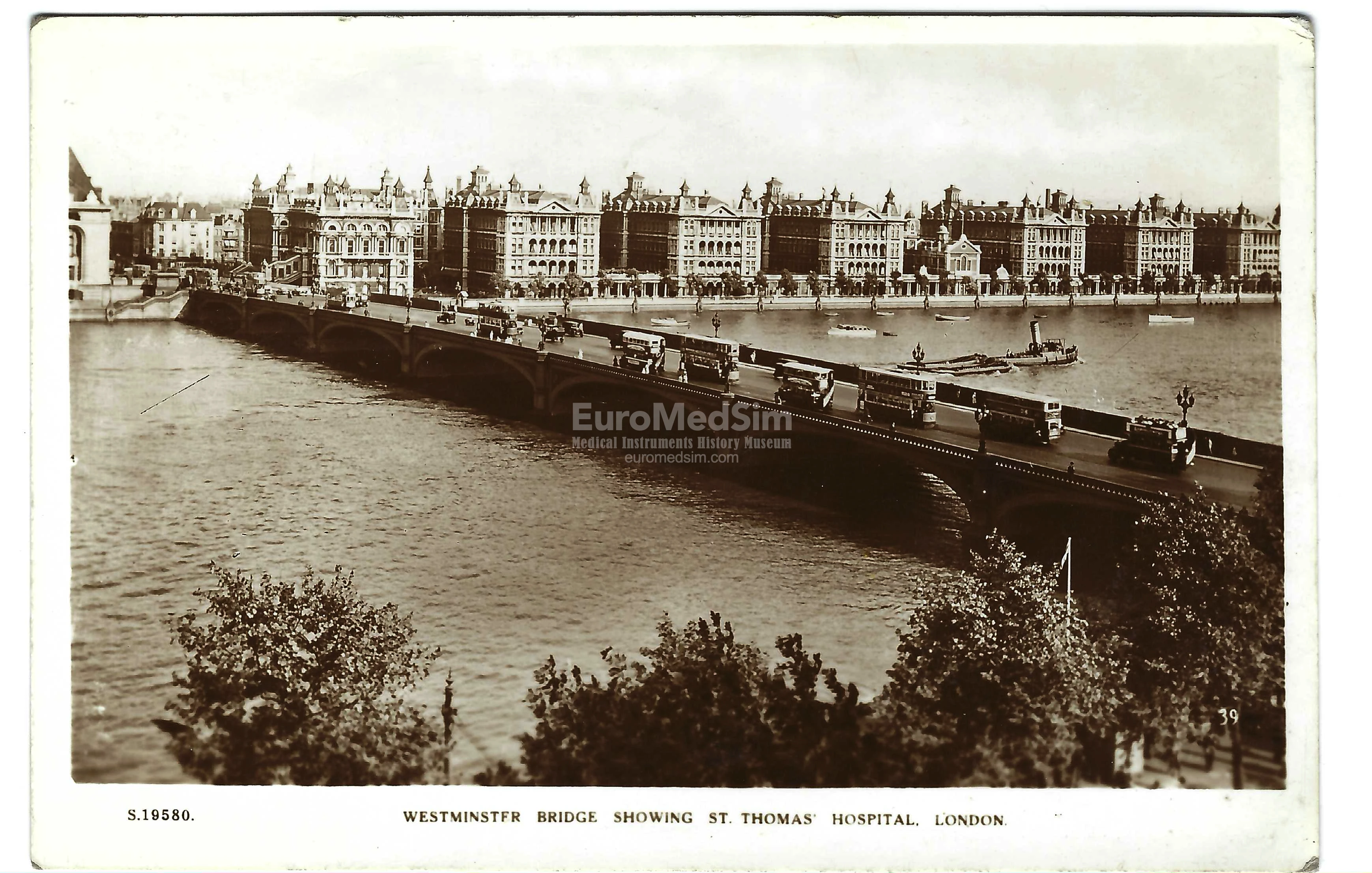 Westminster Bridge and St. Thomas’ Hospital in London, photographic postcard, 1930s.  Bridge House Real Photo Series (1930s–1940) by publisher W. H. Smith