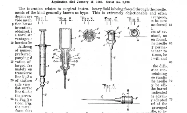 Fragments of the drawings in the Patent US1742497 applied in 1925 for the Luer-Lok system