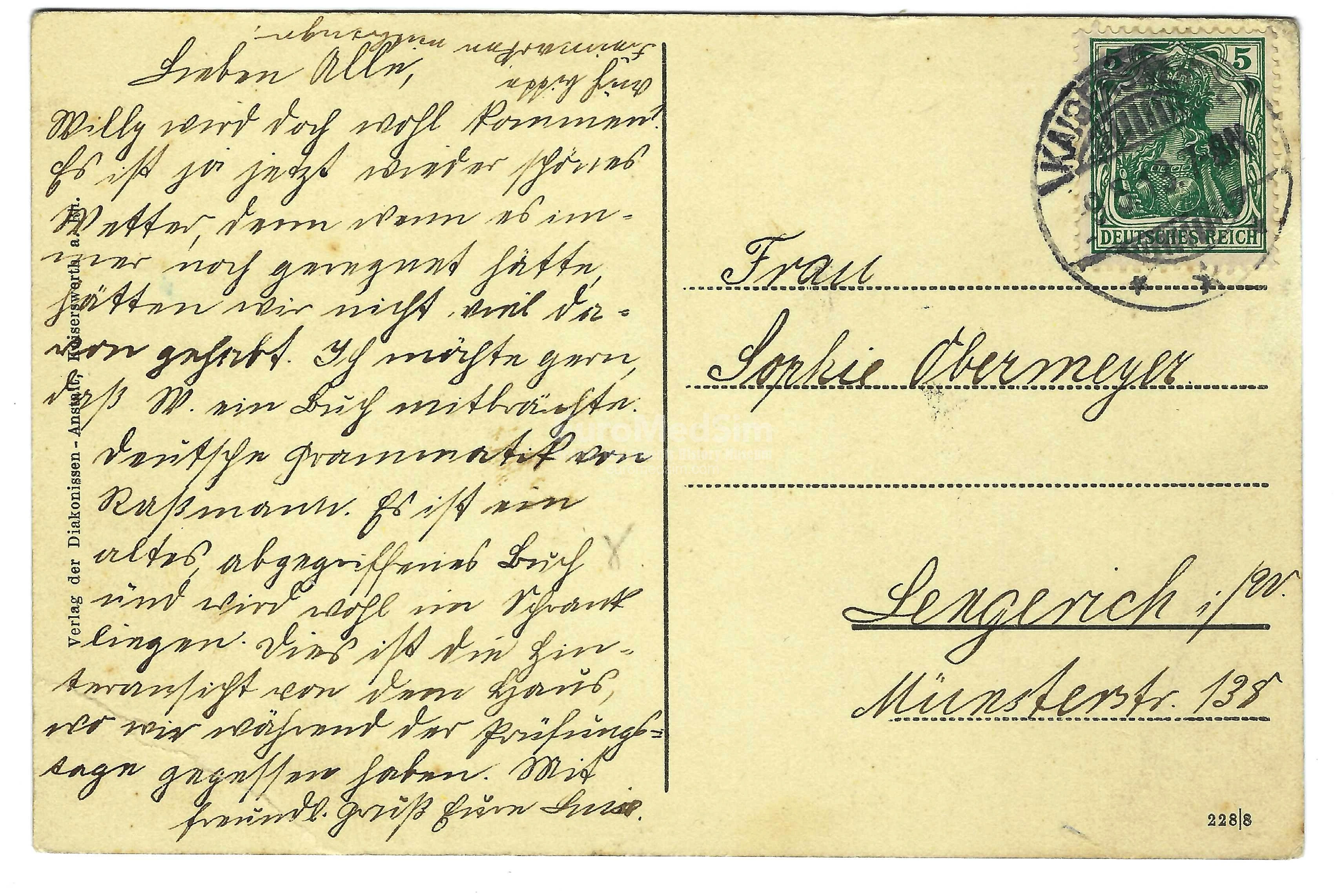 Hospiz der Diakonissen-Anstalt, Kaiserswerth a. Rh., Postcard with text, cancelled on August 9, 1913