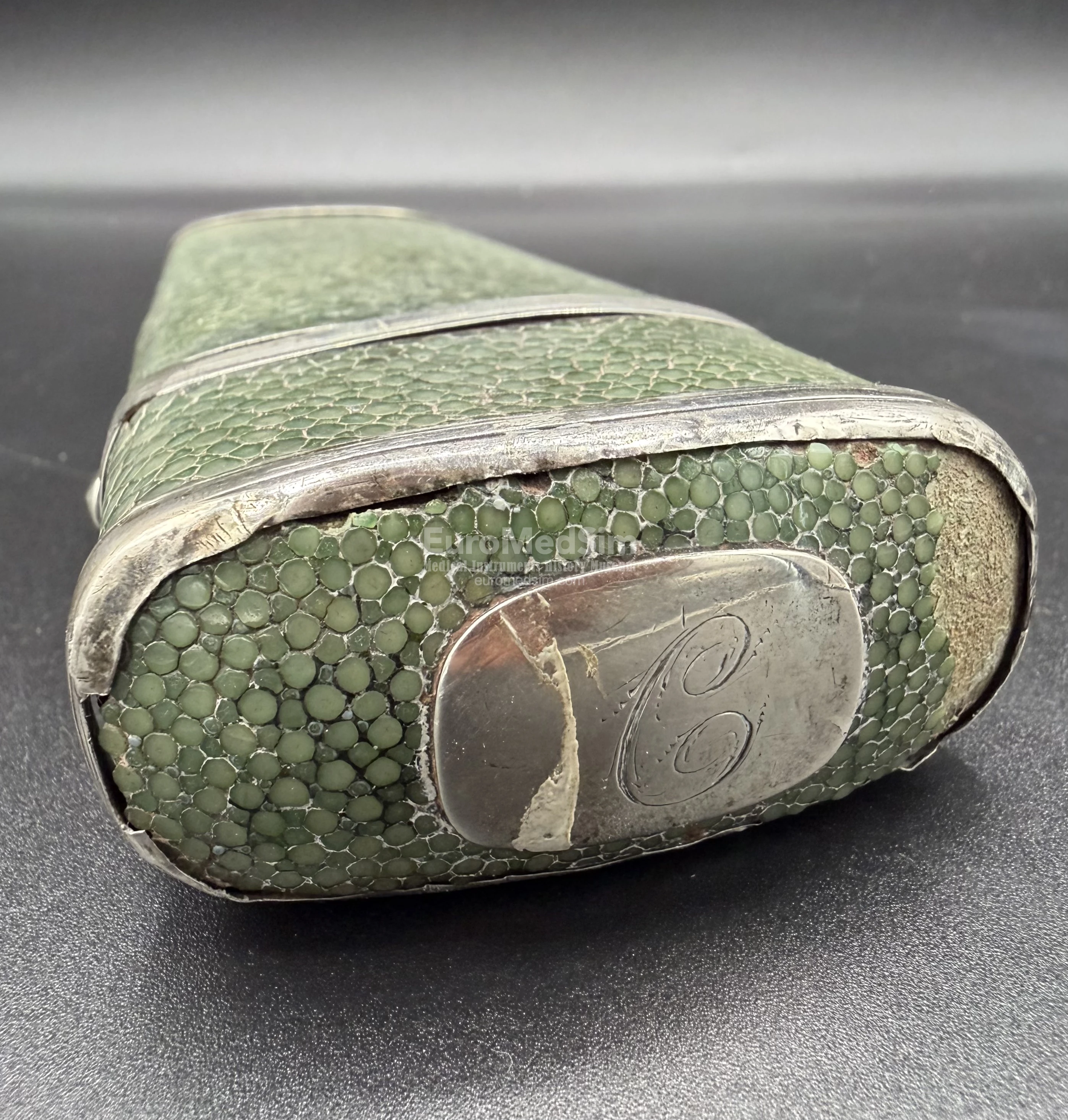 Silver metal mounts, hinged cover engraved letter 'C' on the top of the pocket surgical iInstruments set in shagreen etui, English, ca. 1800