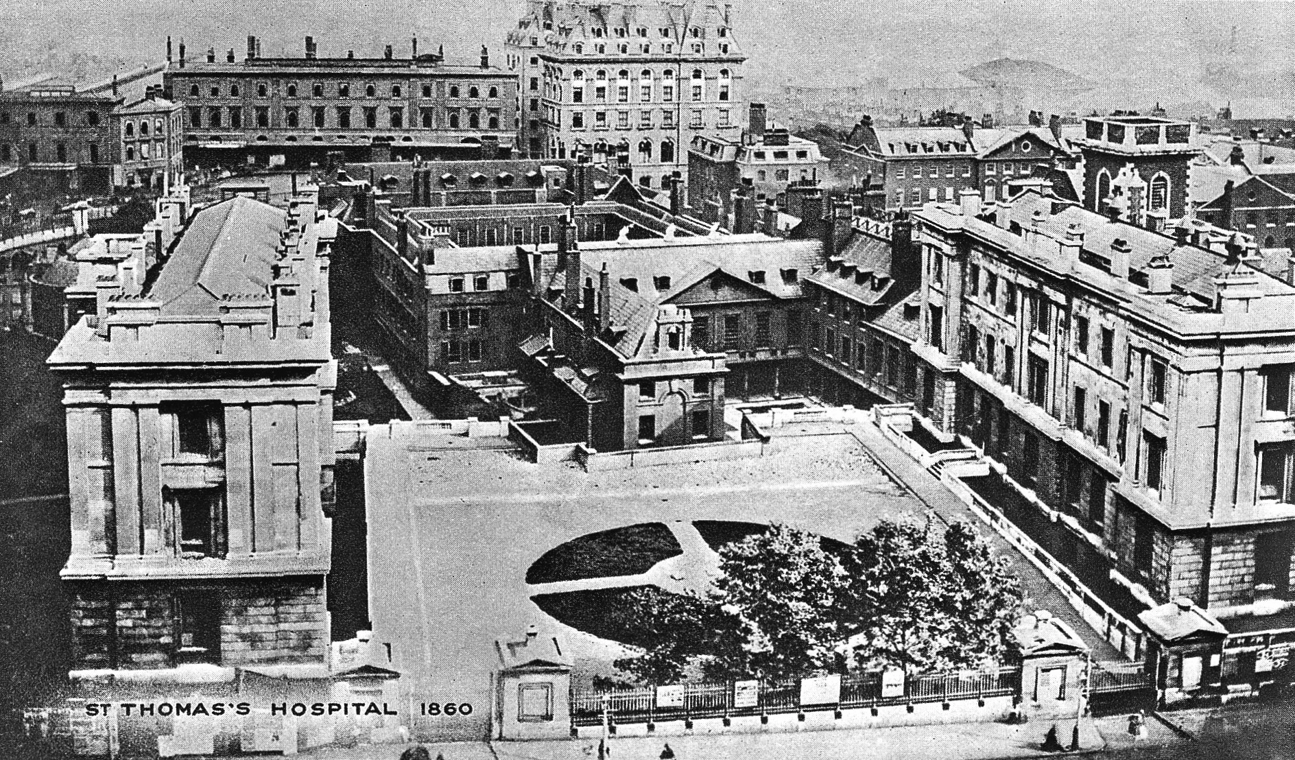 St Thomas's Hospital 1860, aerial view. Source: wikipedia, Wellcome Collection