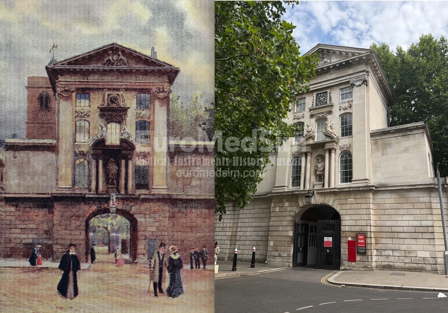 A comparative view of Henry VIII’s Gate leading to St. Bartholomew’s Hospital. On the left is the current postcard from 1905, on the right — contemporary photography (2026). Source: EuroMedSim