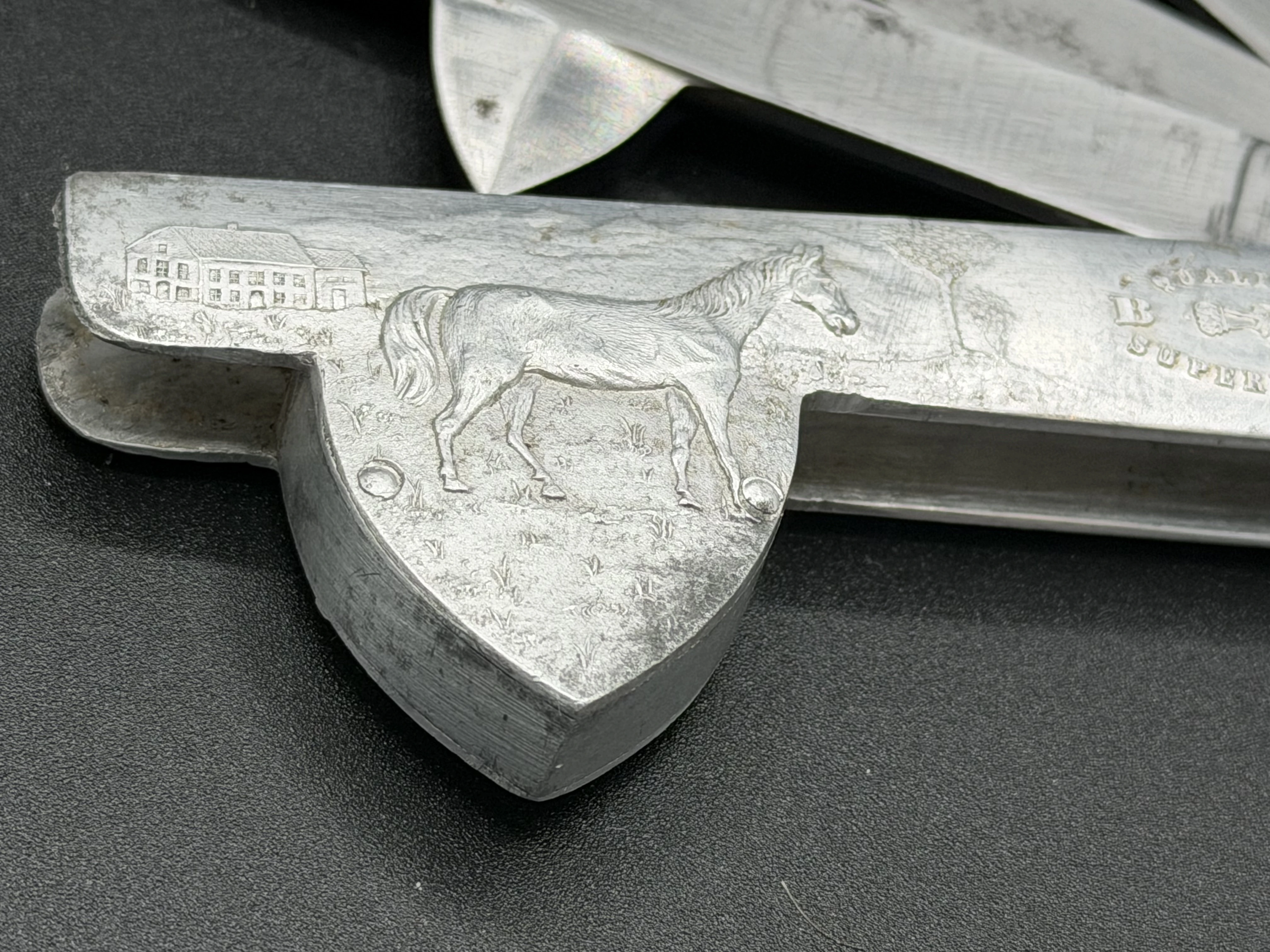 Art Nouveau French fleam with three blades and a knife in aluminium scales, ca. 1895