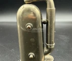 This design features a U-shaped telescopic tube that goes from the center of the bell, arches outward through the side wall, and ends at the ear. Tube coudl be extended and rotated. English, c.1880