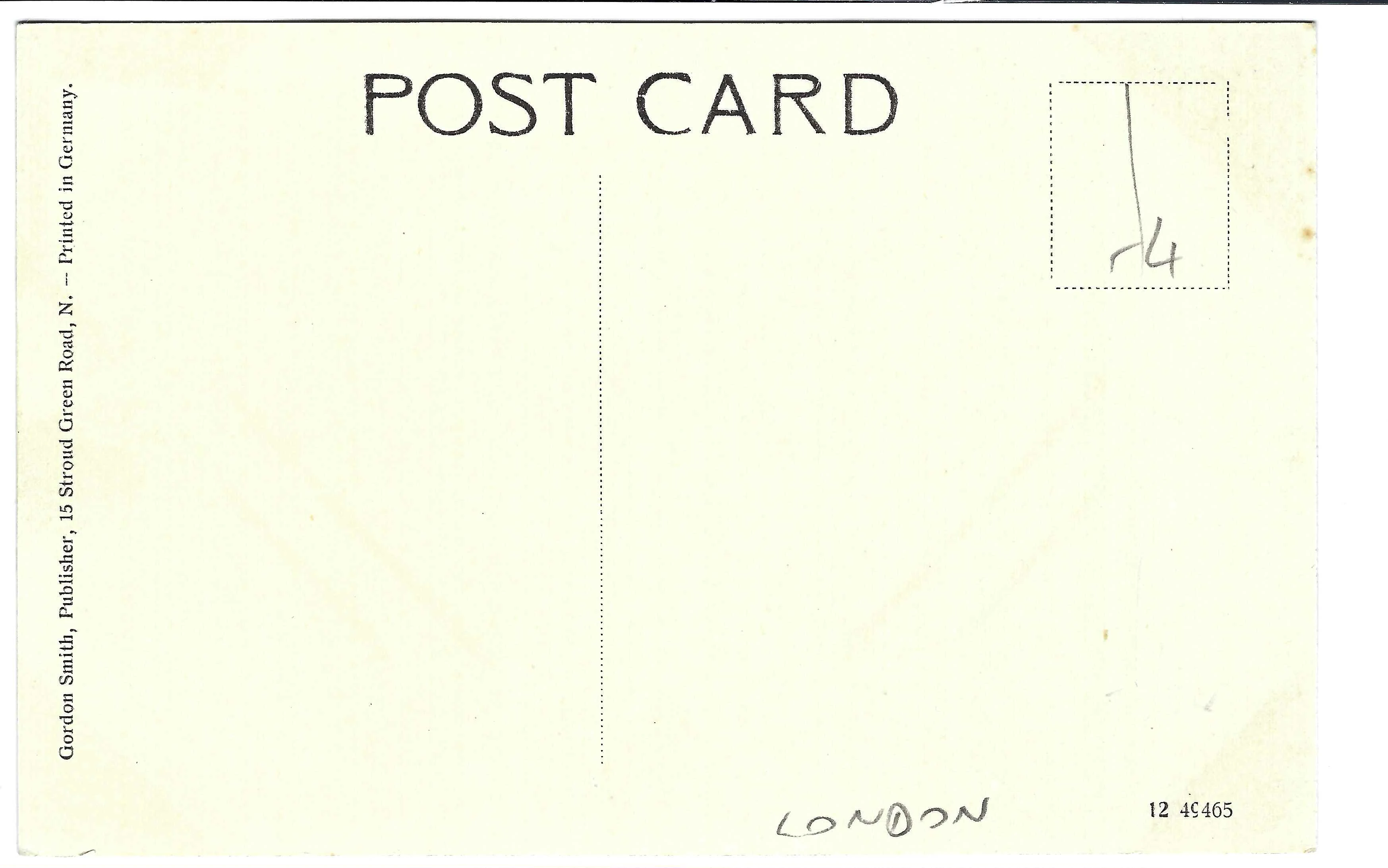 St Bartholomew’s Hospital, The Quadrangle. Publisher: Gordon Smith, 15 Stroud Green Road, N., London, c. 1908 — verso