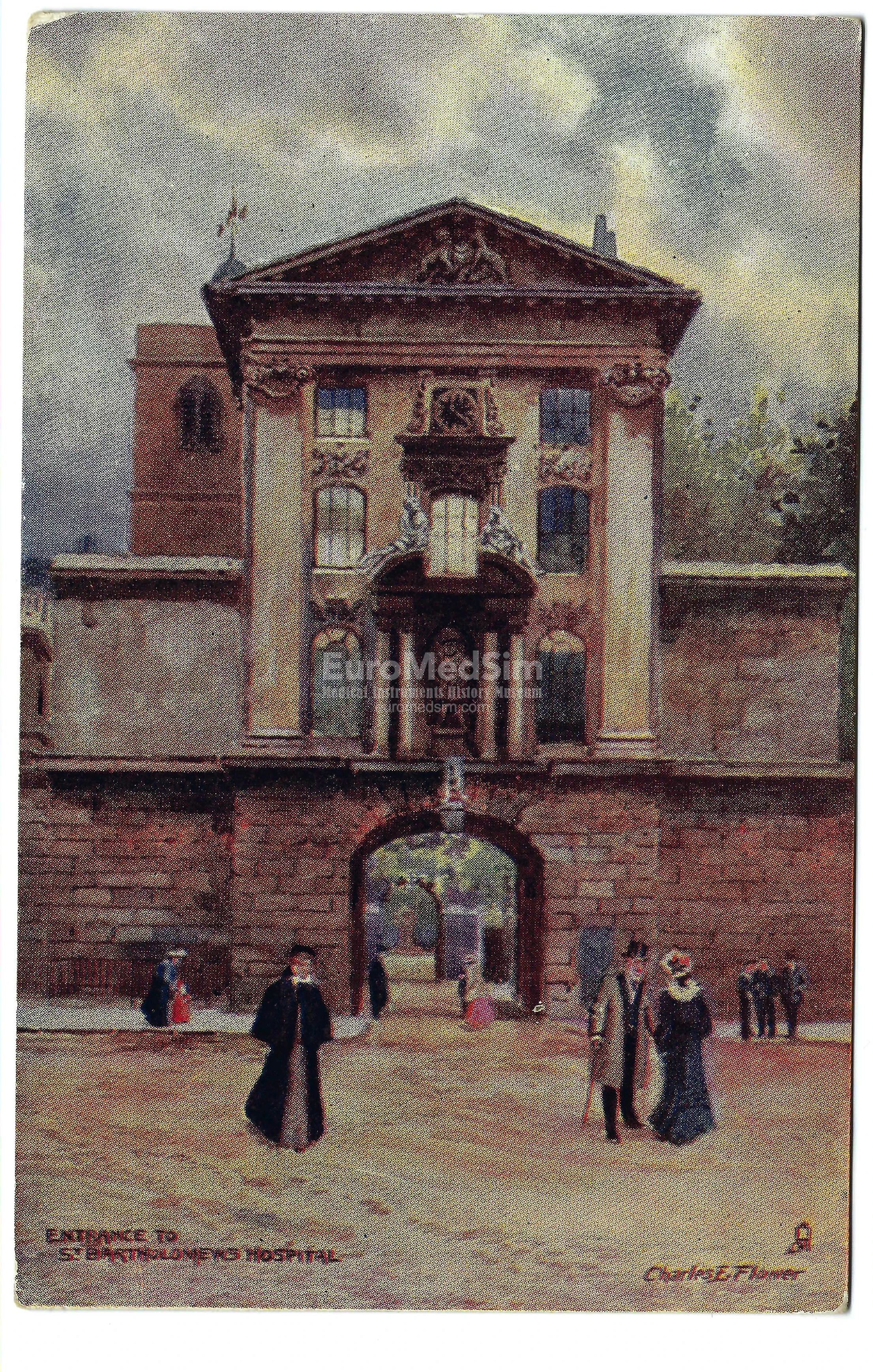 Postcard, depicting the Henry VIII Gatehouse of St Bartholomew's Hospital, was published by Raphael Tuck & Sons as part of their "Aquarette" series (No. 0257) and features artwork by Charles E. Flower. Posted on 9 December 1905. Source: EuroMedSim Museum