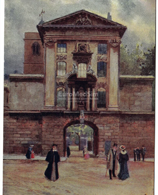Postcard, depicting the Henry VIII Gatehouse of St Bartholomew's Hospital, was published by Raphael Tuck & Sons as part of their "Aquarette" series (No. 0257) and features artwork by Charles E. Flower. Posted on 9 December 1905. Source: EuroMedSim Museum