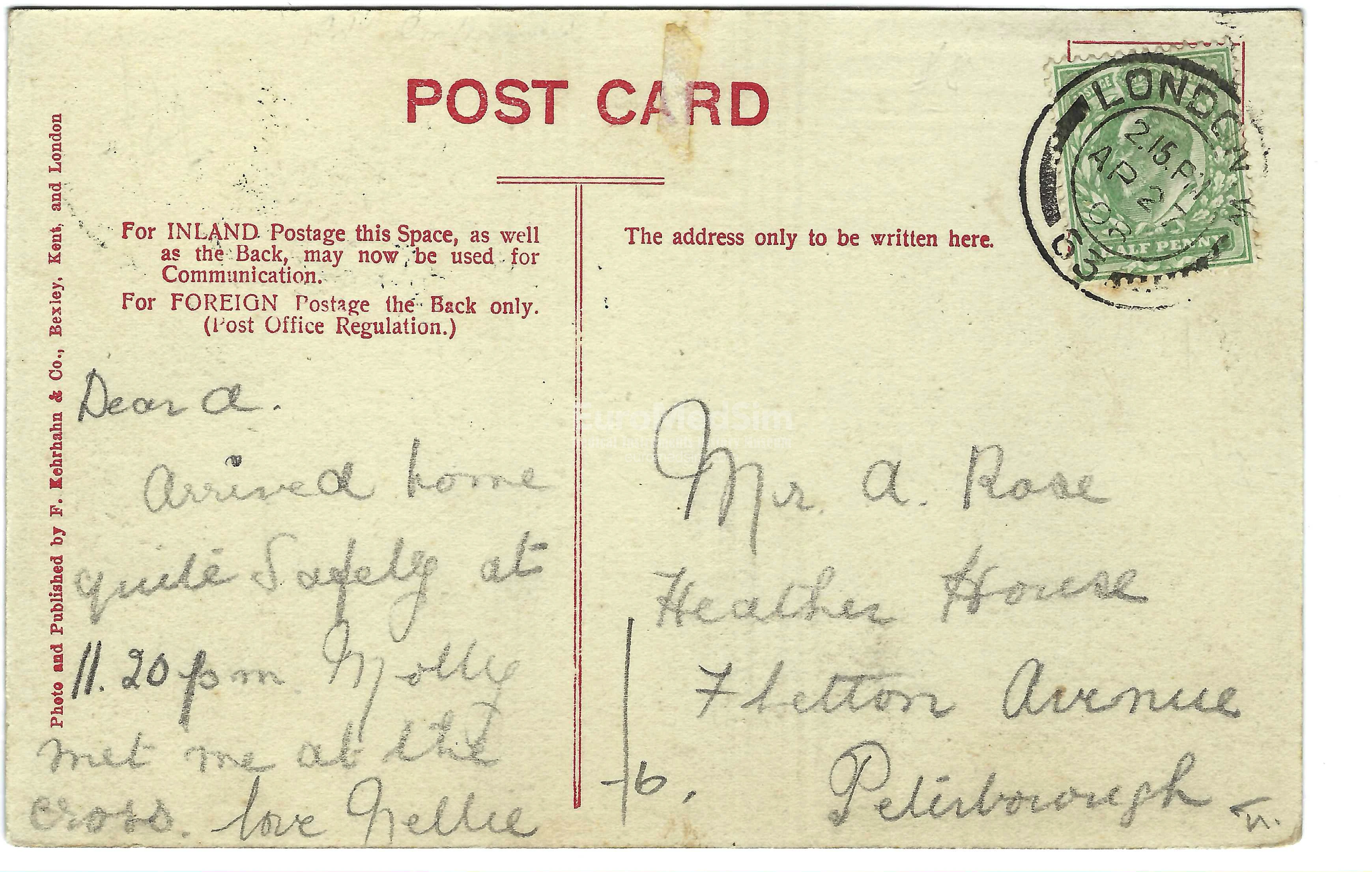Postcard with the photo of St. George Hospital sent on the 2nd of April, 1908 to Mr. A. Rose, Heather House, Fletton Avenue, Peterborough, UK