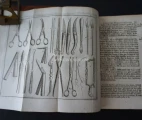 Folded page with illustrated instruments. The book "Cours d'opérations de chirurgie démontrées au Jardin Royal par M Dionis", Paris 1773