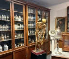 An unusually crafted skeleton against the backdrop of a 200-year-old English pharmacy cabinet containing almost 300 flasks