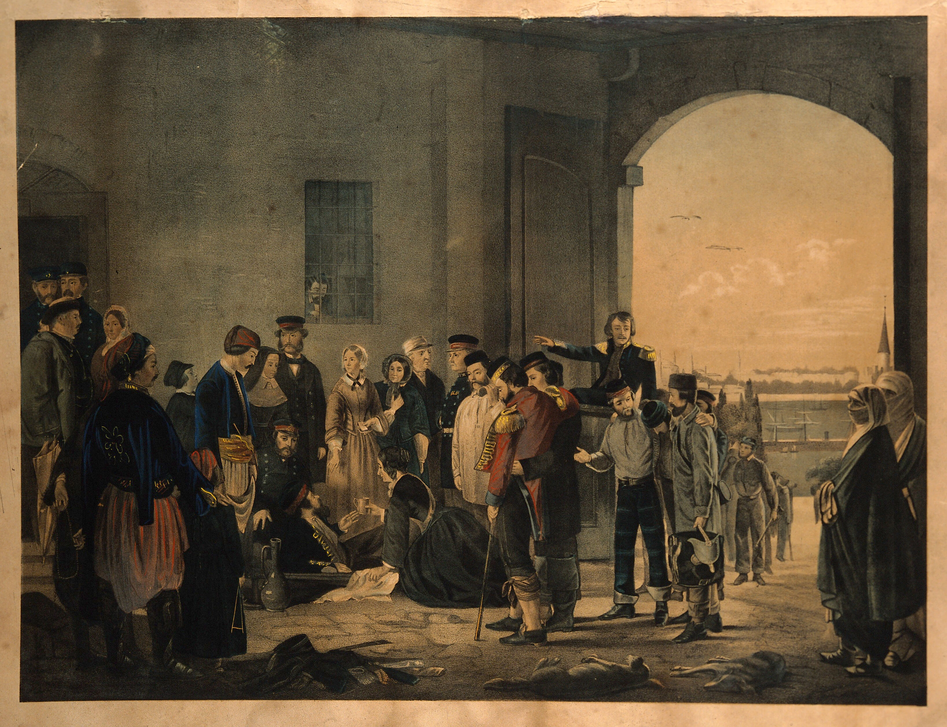 Florence Nightingale receiving wounded soldiers at Scutari Hospital, Crimean War. Colour lithograph after Jerry Barrett painting 1856.  Source: Wellcome Collection