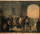 Florence Nightingale receiving wounded soldiers at Scutari Hospital, Crimean War. Colour lithograph after Jerry Barrett painting 1856.  Source: Wellcome Collection
