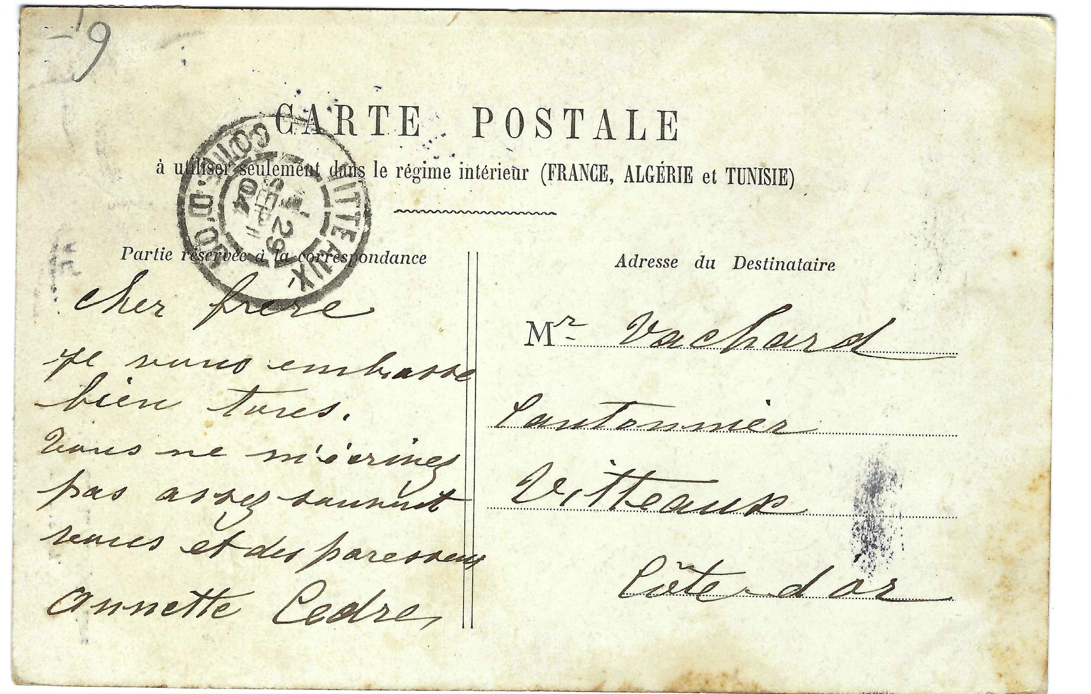 Postcard sent to Vitto, Côte-d’Or department, France. Language: French. Recipient: Mr. Vachar. Date of mailing: September 28, 1909
