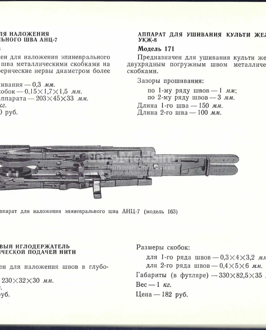Catalog of the Medical Instruments and Equipment, Krasnogvardeets. Leningrad, Soviet Union, 1968. Page illustrating Surgical Staplers