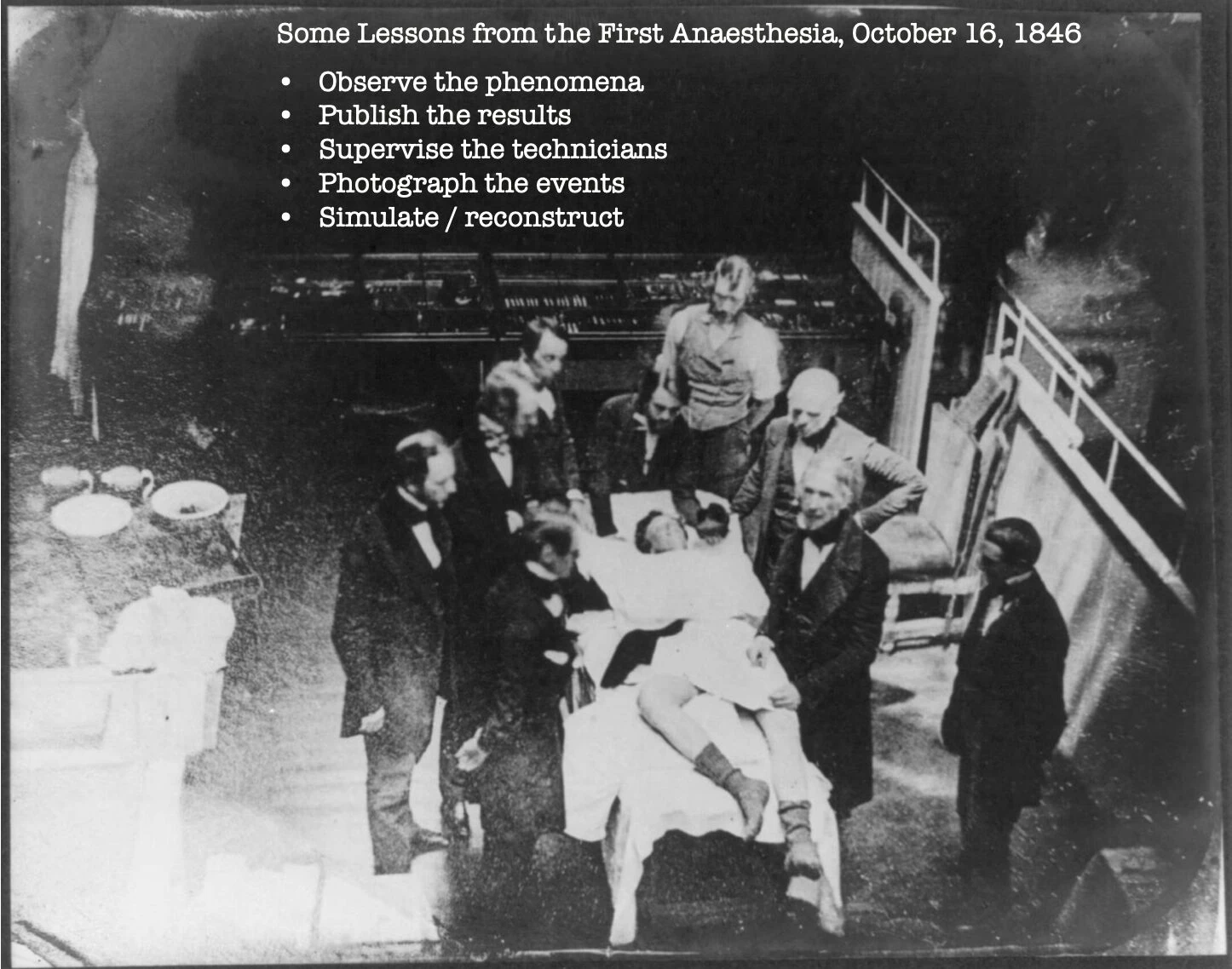 Reconstruction of the first demonstration of surgical anaesthesia by Dr. William T. G. Morton, 16th October 1846. Source: Wellcome Collection