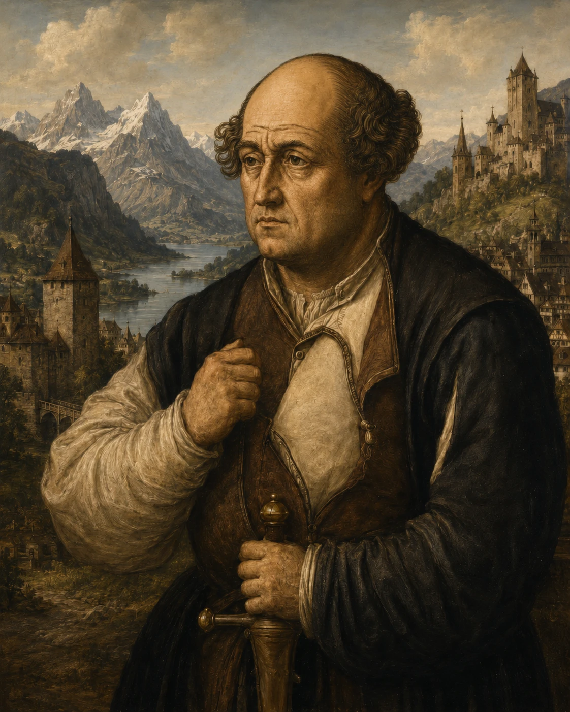 Paracelsus, Aureolus Theophrastus Bombastus von Hohenheim. AI-image based on the woodcut from 1540