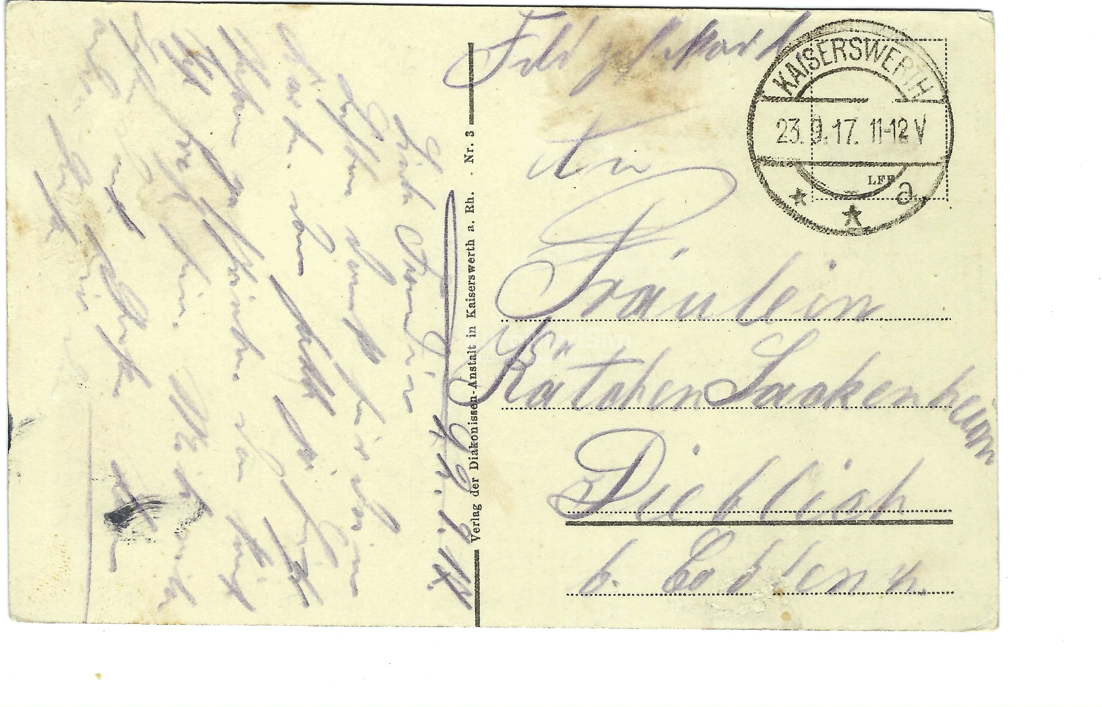 Verso of the Postcard. Weisenhaus, Mutterhaus and Krankenhaus of the Diaconate in Kaiserswerth a. Rh. (Diakonissie). Germany, 1917