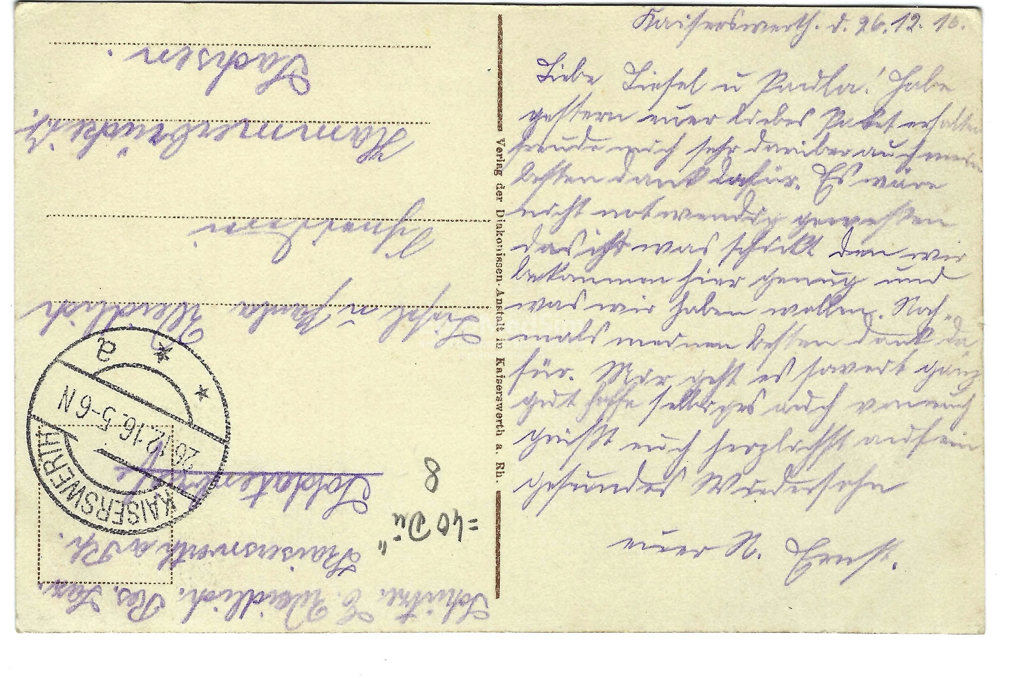 Kaiserswerth a. Rh. Hauptkrankenhaus, Diakonissenkirche, Tabeahaus, postcard, with readable message. 1916