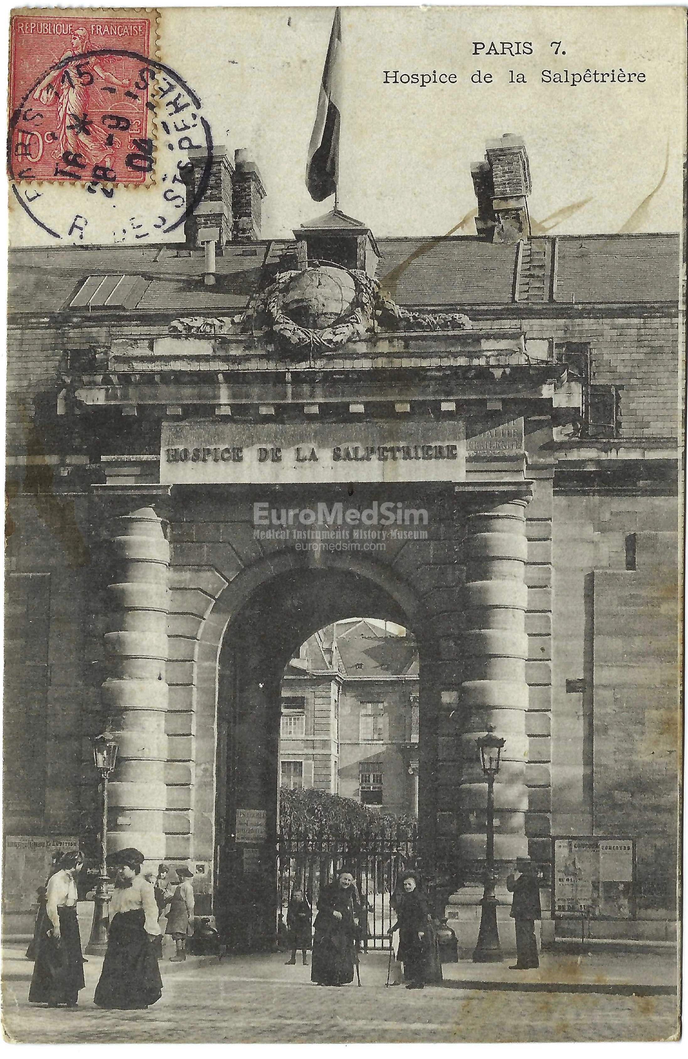 Postcard "Main Entrance to the Salpêtrière Hospice and Hospital in Paris". Dated: 1903–1909, mailed: September 28, 1909. Destination: Vitto, Côte-d’Or department, France.