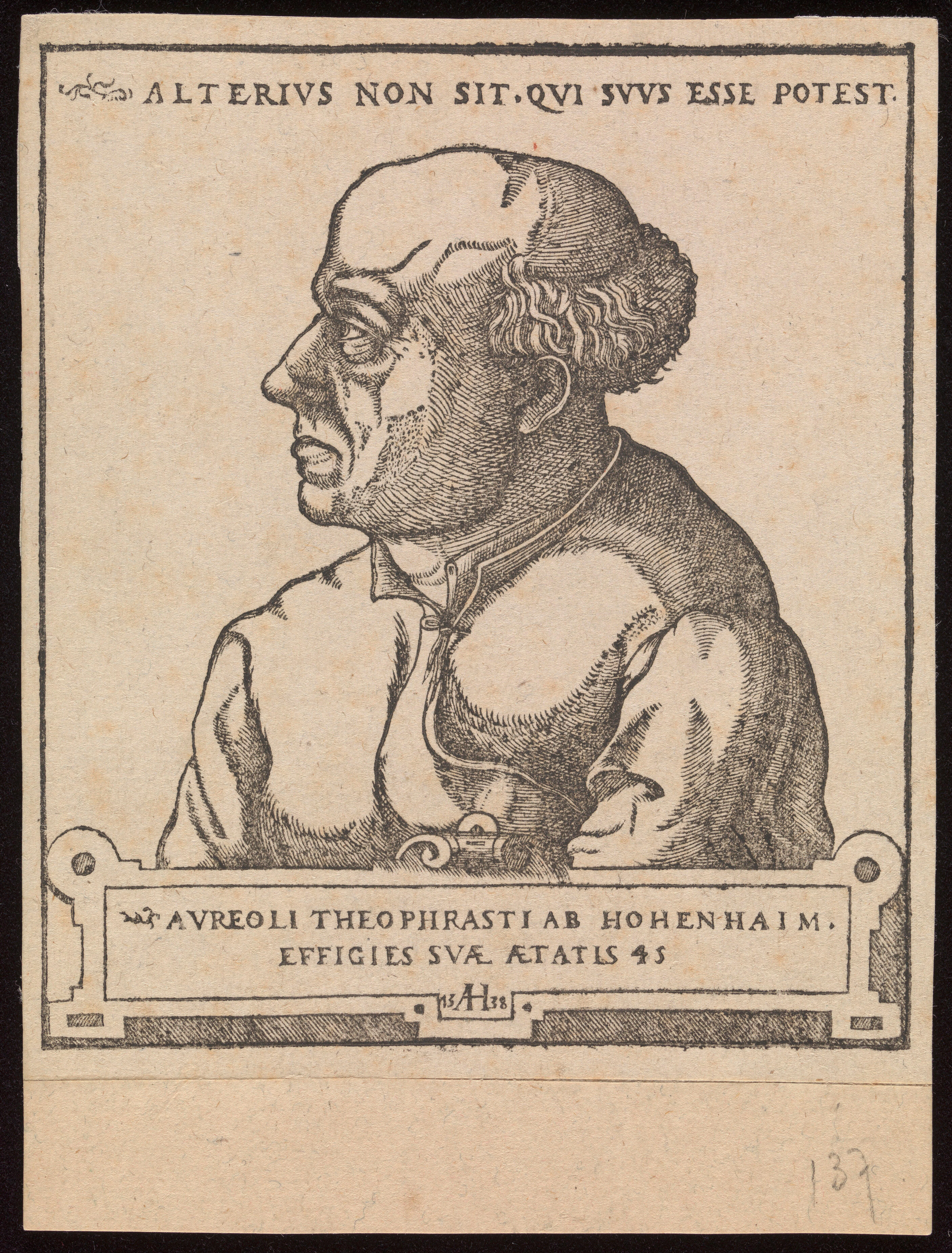 Aureolus Theophrastus Bombastus von Hohenheim, aka Paracelsus. Woodcut by A. Hirschvogel 1538. Source: Wellcome Collection, London, UK
