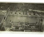 Aerial view of Houses of Parliament, Westminster Bridge and St Thomas Hospital, postcard c. 1919–1920. View recto