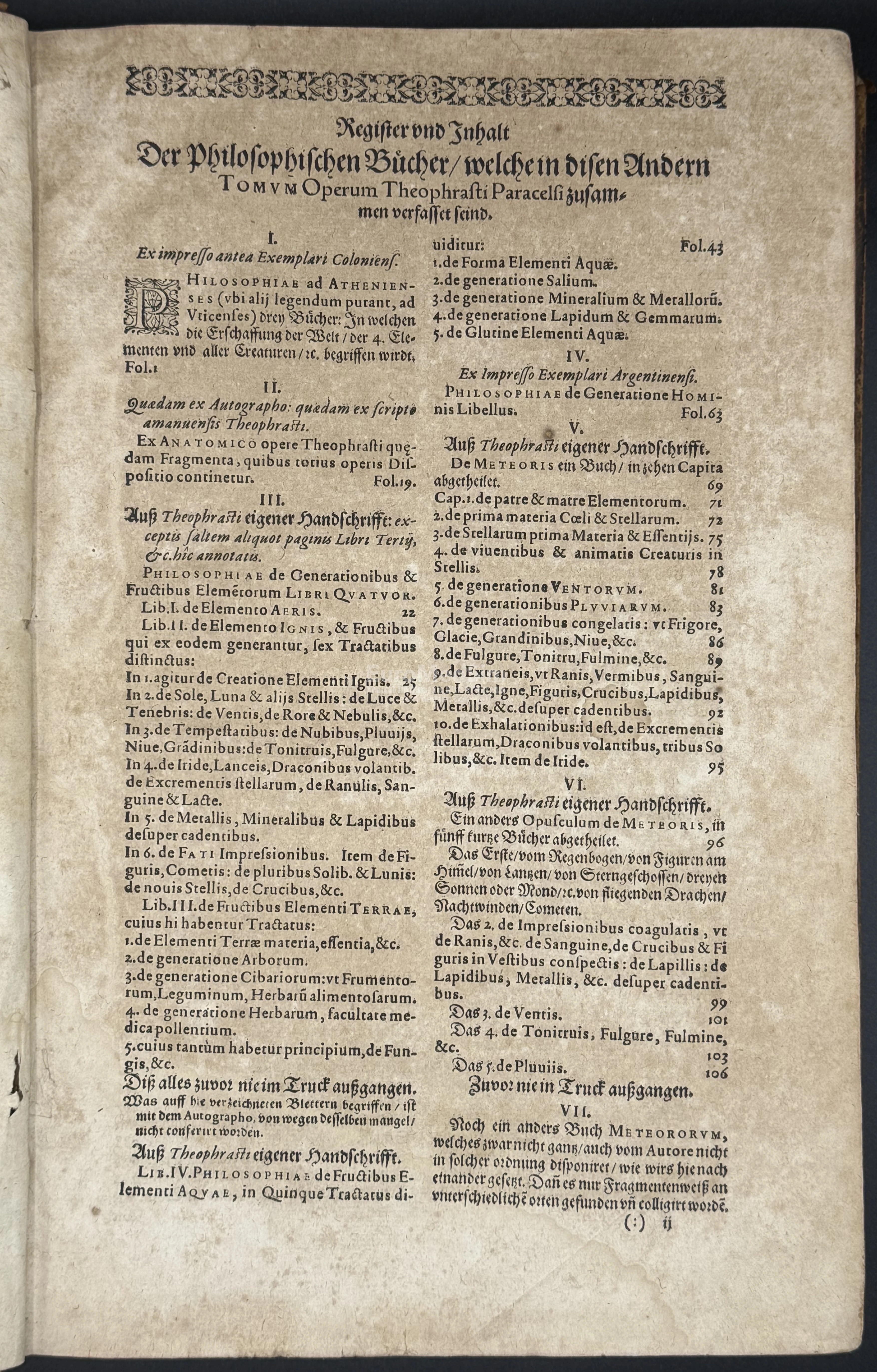 Register und Inhalt / Der Philosophilchen Bücher/welchein Disen Andern Tomum Operum Theophrasti Paracelsi zusammen verfasset seind — Table of Contents / The Philosophical Books, which comprise the collected works of Theophrastus Paracelsus in the Vol. 2