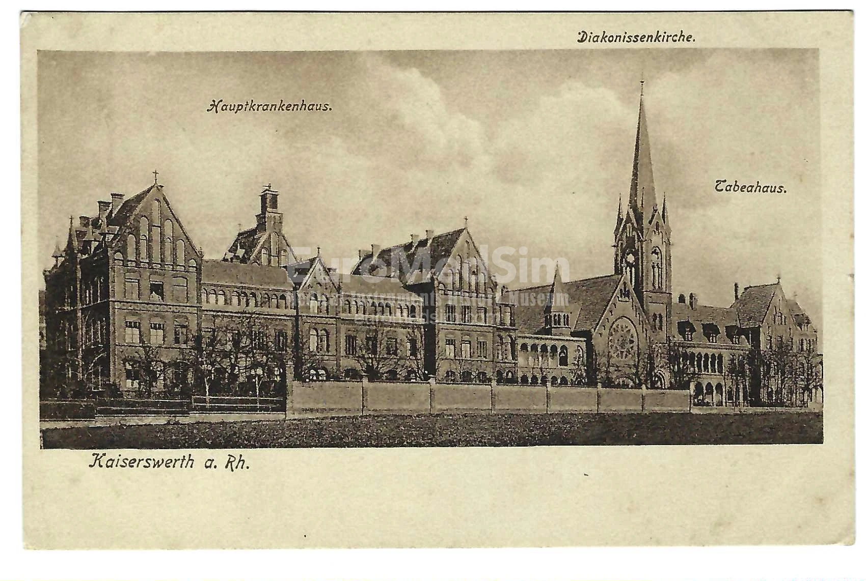 Kaiserswerth a. Rh. Hauptkrankenhaus, Diakonissenkirche, Tabeahaus, postcard cancelled 1916