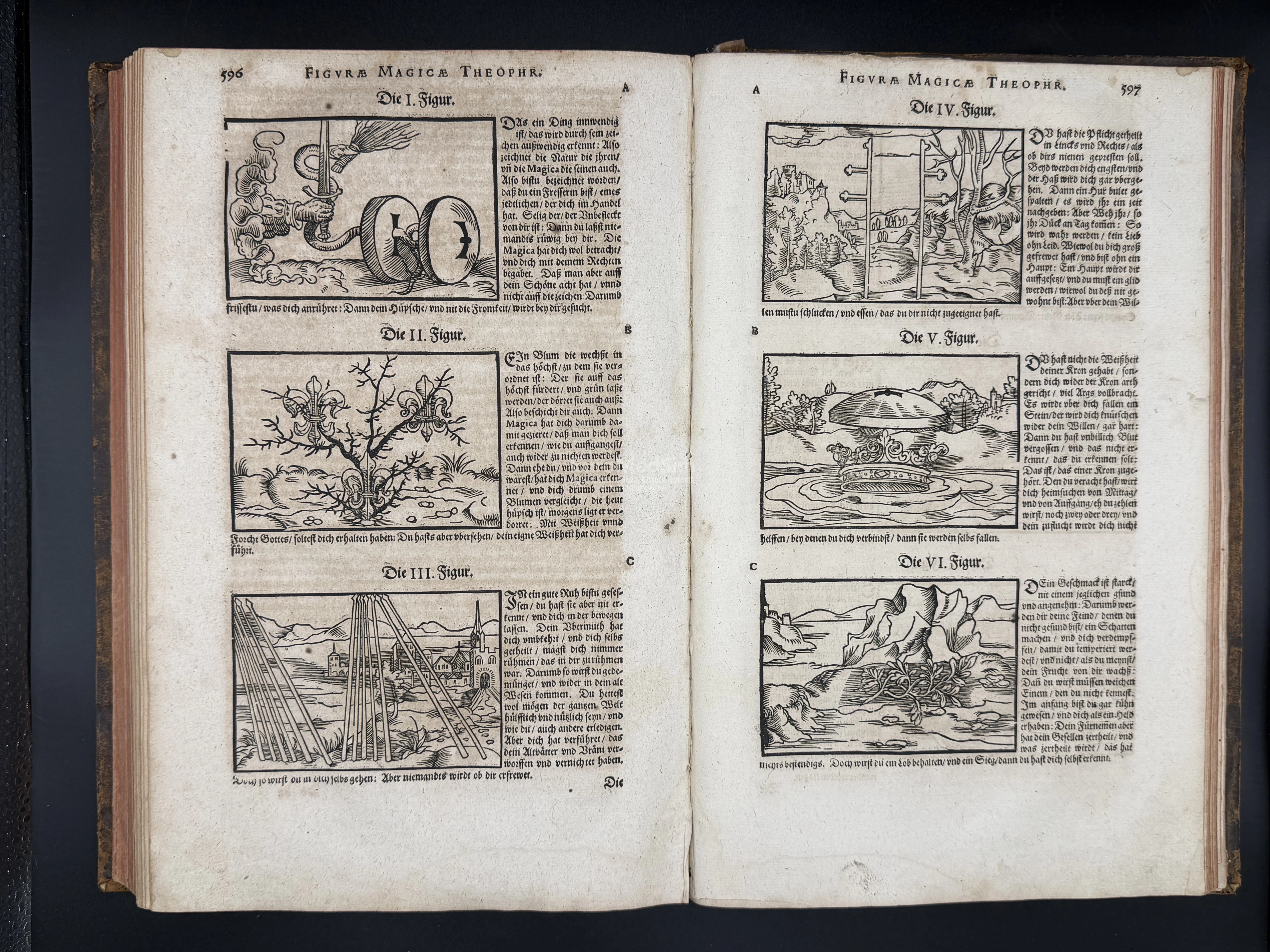 First six figures of the Paracelsus’s prophetic cycle, a series of 32 emblematic figures in which images and text form a unified system of prediction and interpretation. Vol. 2, pages 596–597