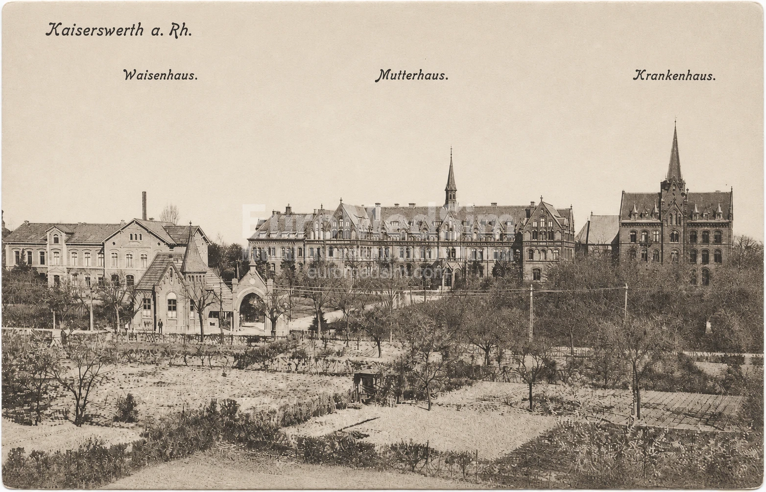 Weisenhaus, Mutterhaus and Krankenhaus of the Diaconate in Kaiserswerth a. Rh. (Diakonissie). Germany, 1917. Recto of the Postcard. Digitally restored image. Source: EuroMedSim