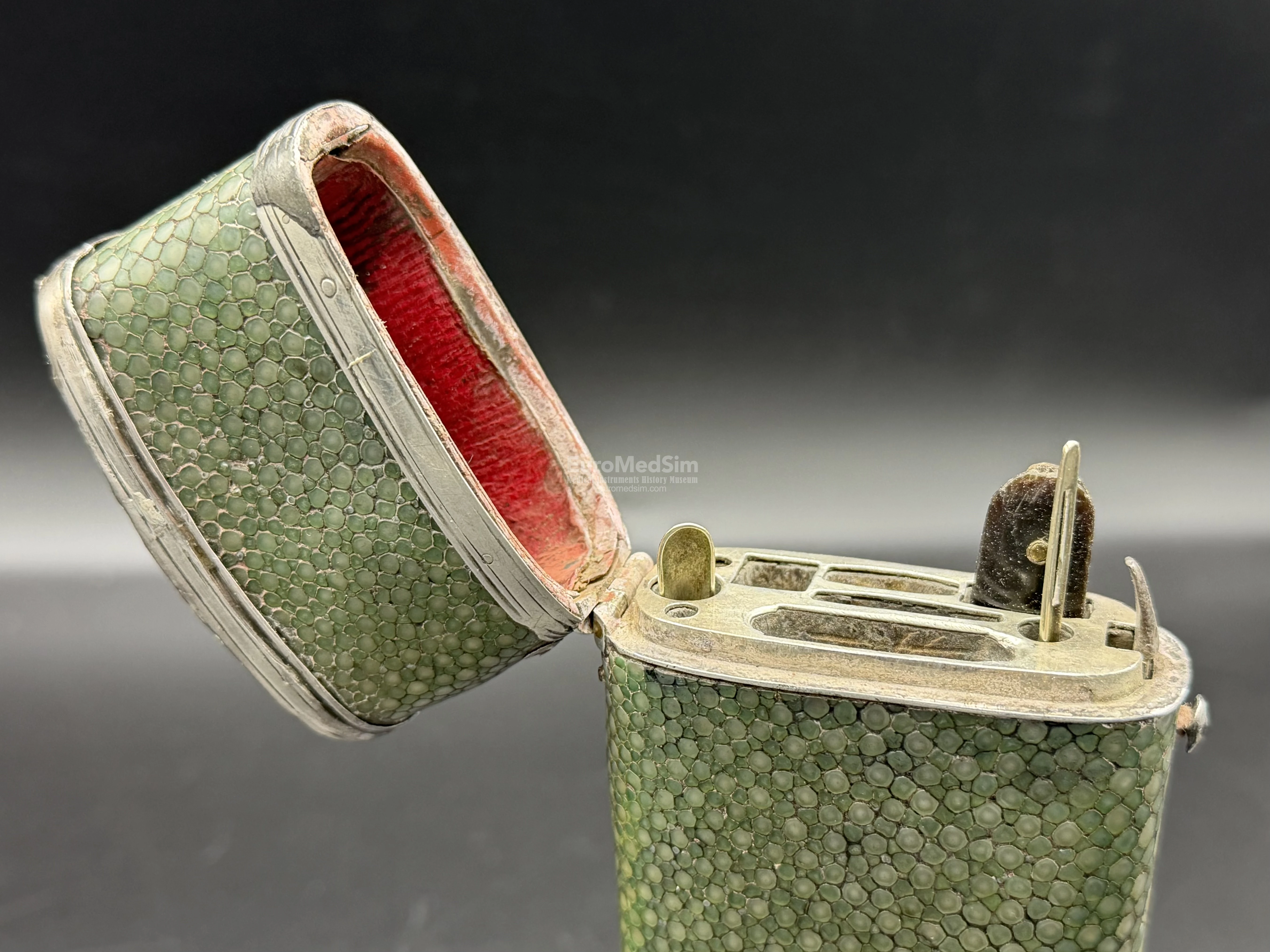 Inside there are slots for scissors, forceps, lancets, probes and others minor surgical instruments. Pocket green-stained shagreen case, England, c.1800