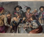 The tooth puller, сolorized French engraving after Theodor Rombouts, 18th century