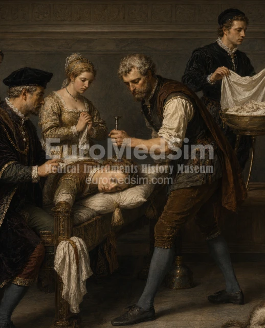 Trepanation by Andrea Della Croce. AI-imagination based on the engraving from the Chirurgiae Ioannis Andreae a Cruce ... libri septem, 1573