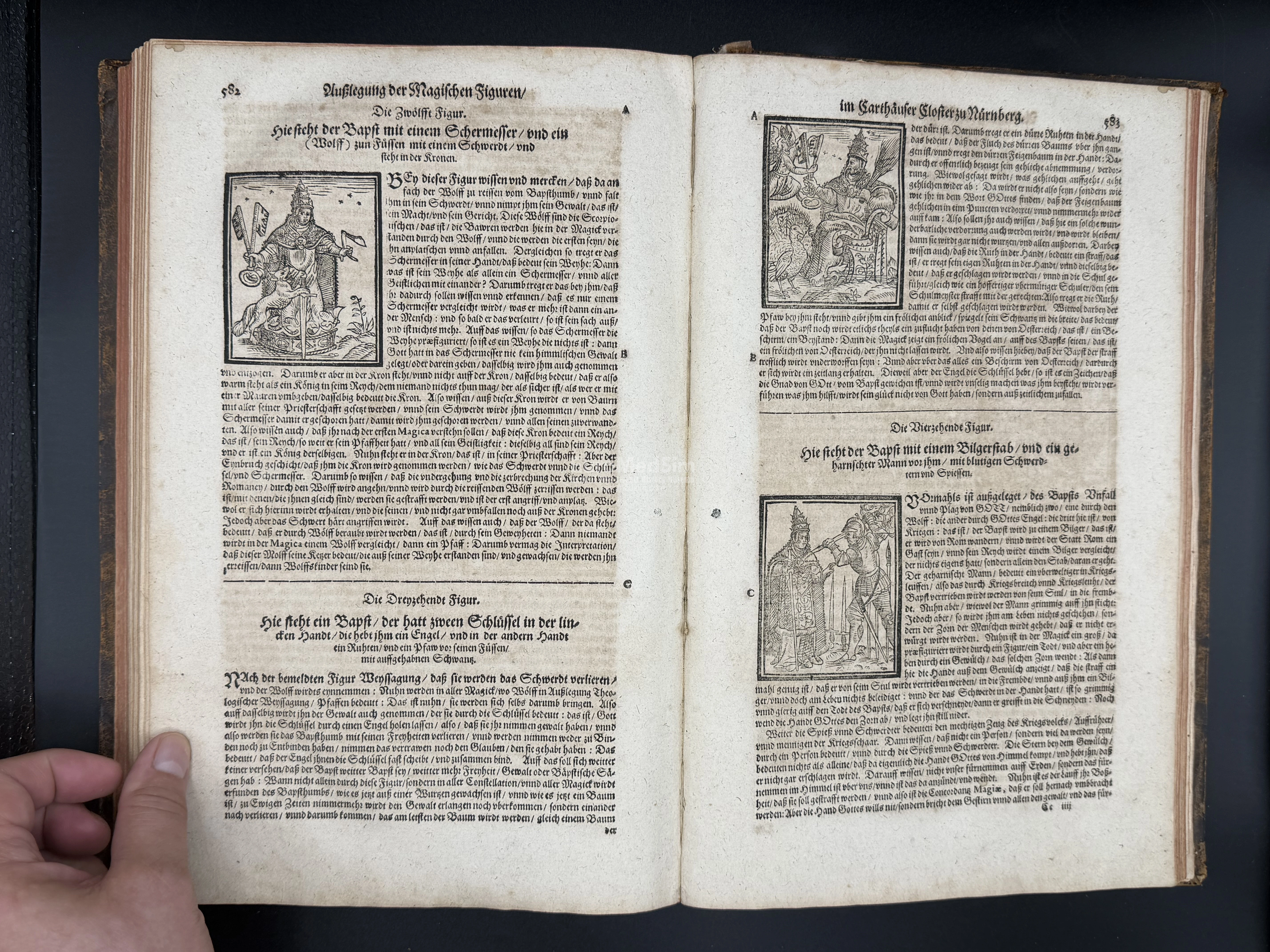 The 12 fig. depicts the papacy as a power surrounded by violence, predation, and impending judgment; Paracelsus transforms the pope, the wolf, the sword, the razor, and the crown into symbols of the crisis of ecclesiastical power and future retribution