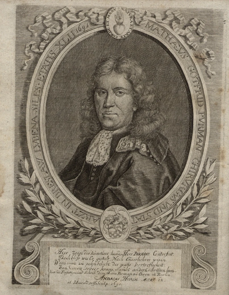 Matthaeus Gottfried Purmann, engraving of the 1722 from the book "Grosser und gantz Neu gewundener Lorbeer Krantz oder Wund-Artzney"