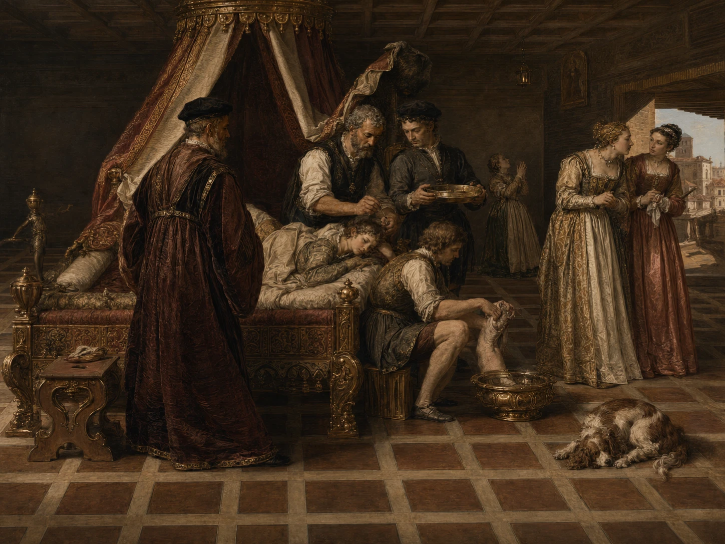 Andrea Della Croce visiting patient. AI-imagination based on the engraving from the Chirurgiae Ioannis Andreae a Cruce ... libri septem, 1573