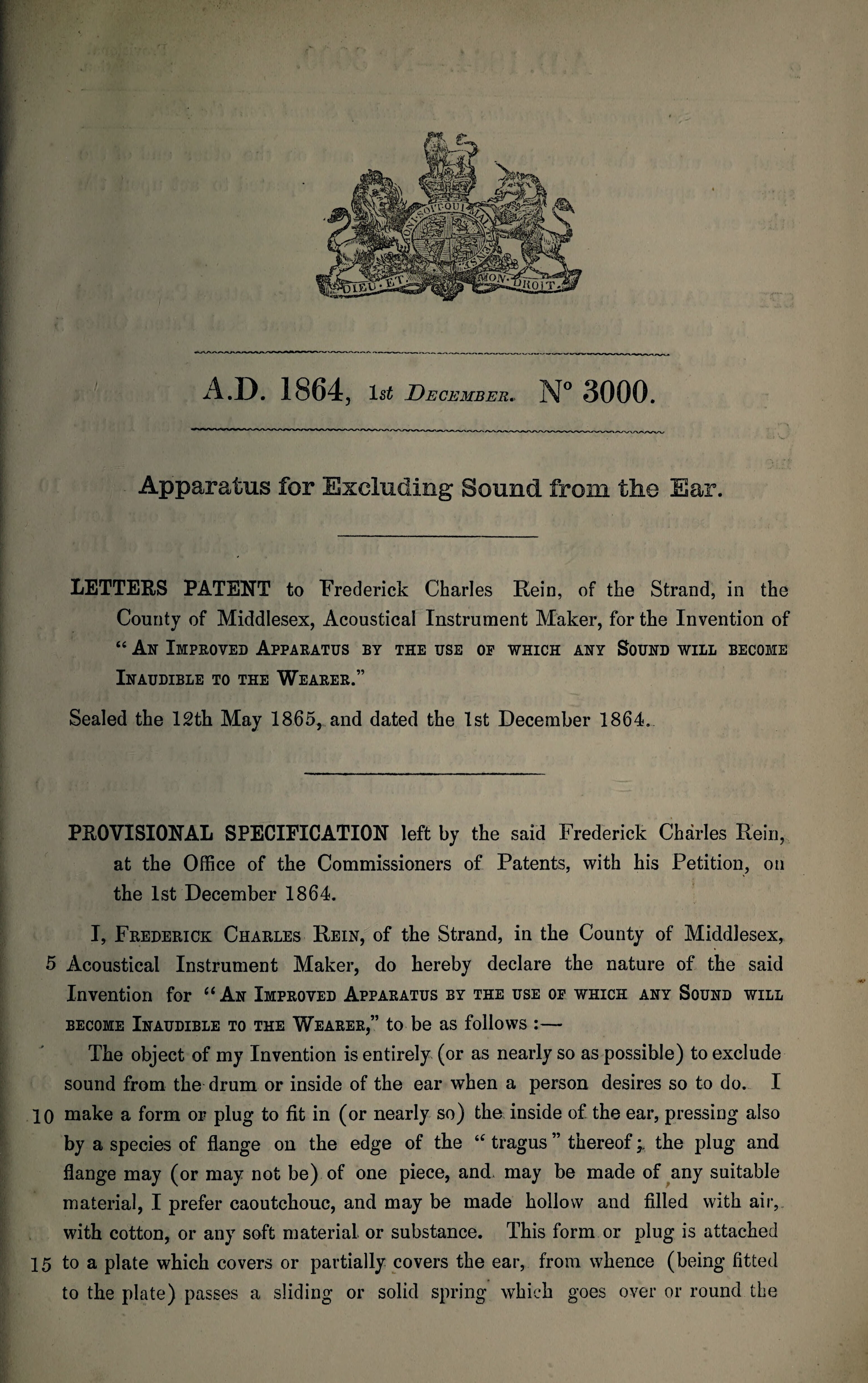 Patent F. C. Rein 1864